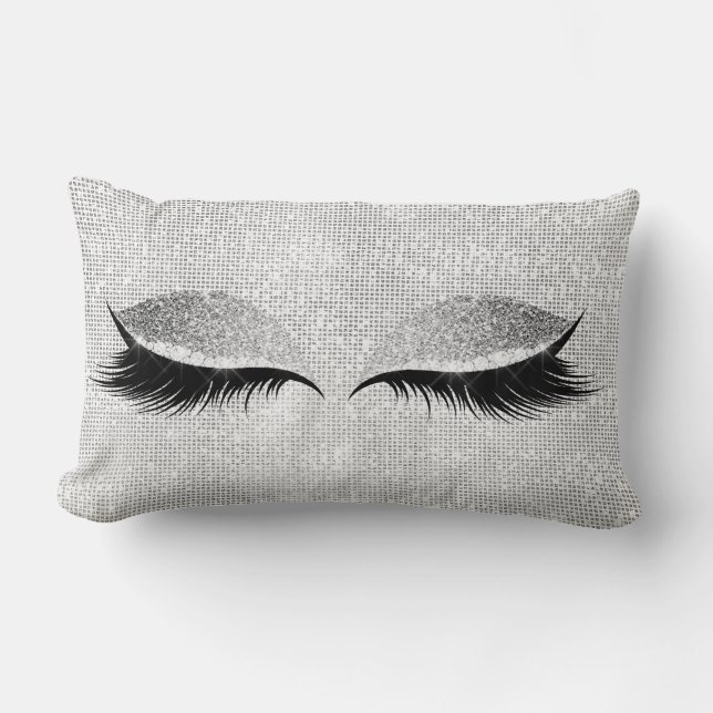Silver Sequin Glitter Black Glam Makeup Lashes Lumbar Pillow (Front)