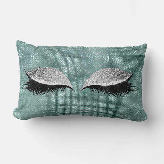 Silver Sequin Glitter Black Teal Makeup Lashes Lumbar Pillow (Front)