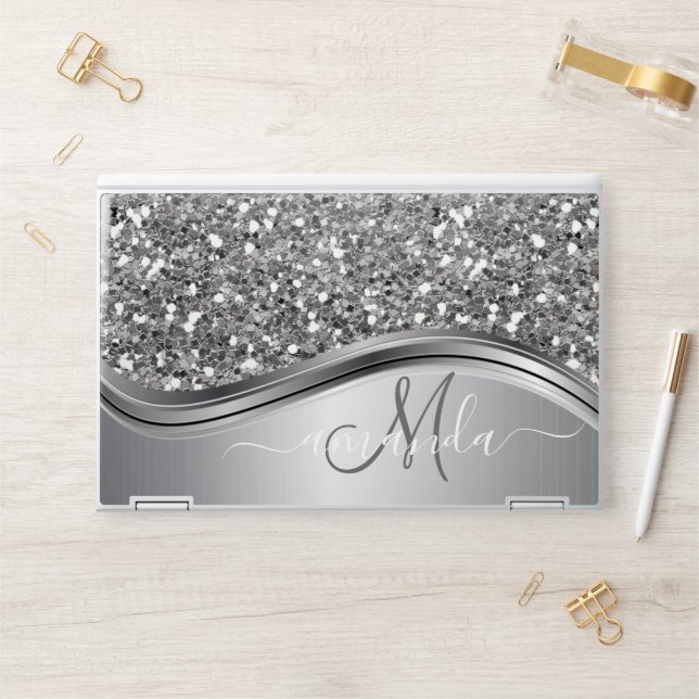 Silver Sequin Glitter Handwritten Calligraphy HP Laptop Skin (Desk)