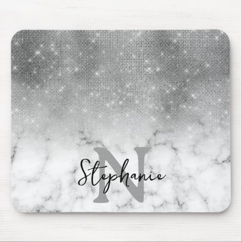 Silver Sequin Glitter Marble Ombre Monogram Mouse Pad