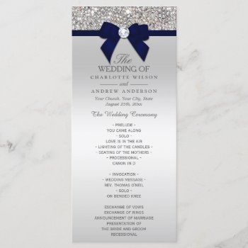 Silver Sequin Navy Blue Bow Wedding Program by GroovyGraphics at Zazzle