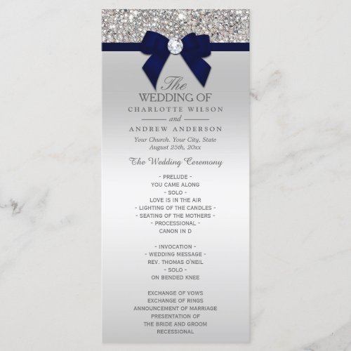 Silver Sequin Navy Blue Bow Wedding Program