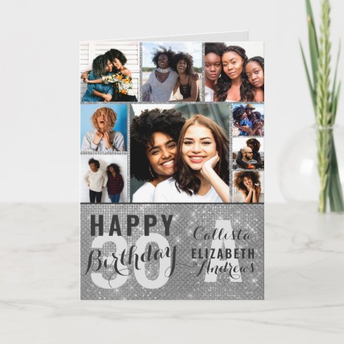 Silver Sequin Photo Collage Happy Birthday Card