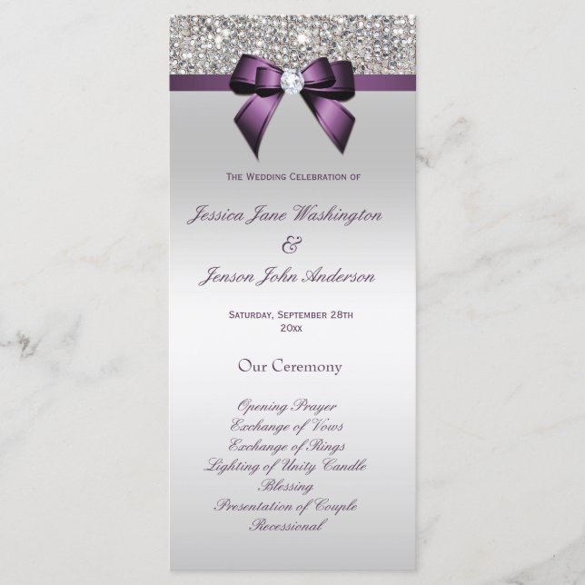 Silver Sequin Purple Bow Wedding Program (Front)