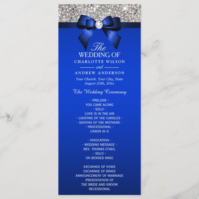 Silver Sequin Royal Blue Bow Wedding Program (Front)