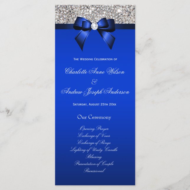 Silver Sequin Royal Blue Bow Wedding Program (Front)