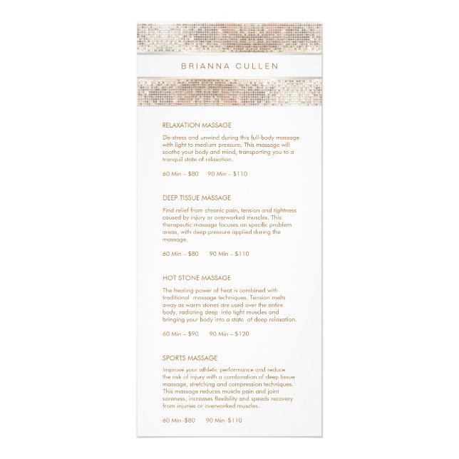 Silver Sequin Spa Salon Price List Menu (Front)