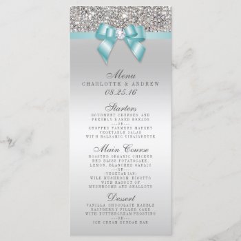 Silver Sequin Teal Bow Wedding Collection Menu by GroovyGraphics at Zazzle