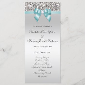 Silver Sequin Teal Bow Wedding Program by GroovyGraphics at Zazzle