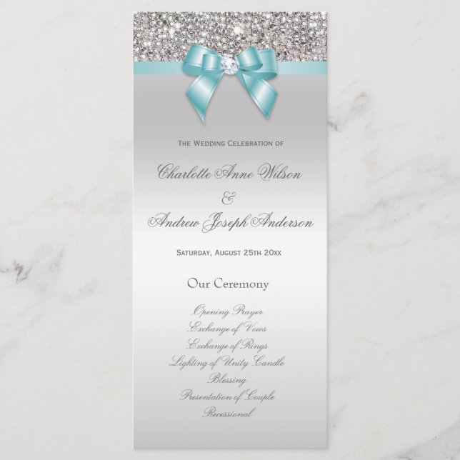 Silver Sequin Teal Bow Wedding Program (Front)