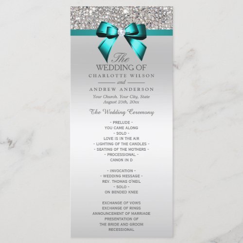 Silver Sequin Teal Diamond Bow Wedding Program
