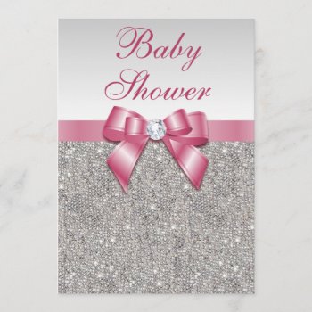 Silver Sequins And Bow Girls Pink Baby Shower Invitation by GroovyGraphics at Zazzle