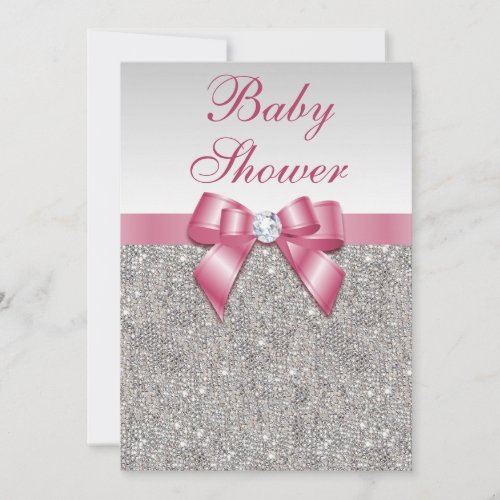 Silver Sequins and Bow Girls Pink Baby Shower Invitation