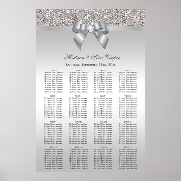 Silver Sequins And Bow Wedding Seating Chart Poster
