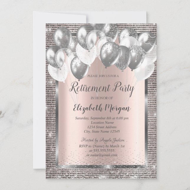Silver  Sequins Balloons Rose Gold Retirement  Invitation (Front)