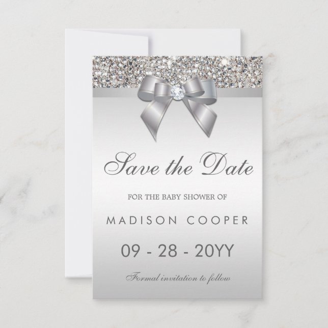 Silver Sequins Bling Bow Save The Date Baby Shower (Front)