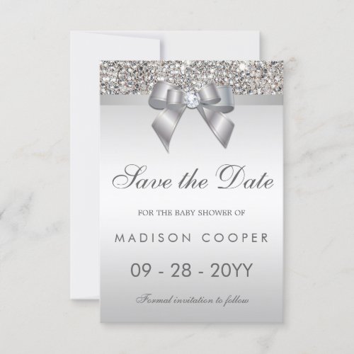 Silver Sequins Bling Bow Save The Date Baby Shower