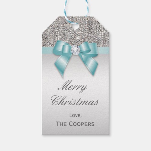 Silver Sequins Blue Diamond Bow Christmas Gift Tags