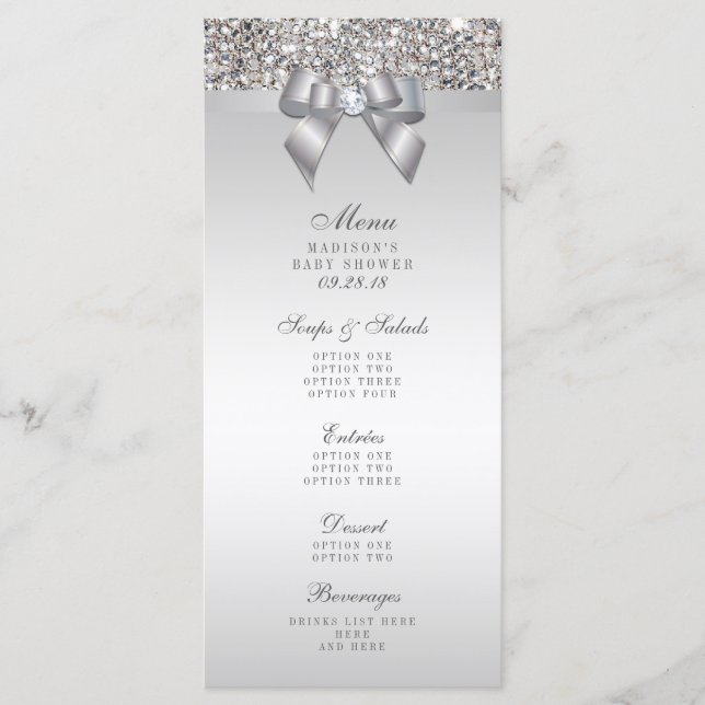 Silver Sequins Bow Baby Shower Menu (Front)