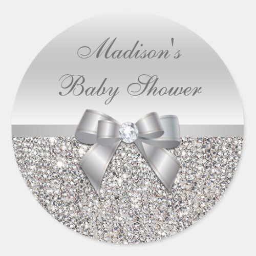 Silver Sequins Bow Baby Shower Stickers