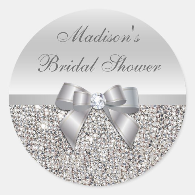 Silver Sequins Bow Bridal Shower Stickers (Front)