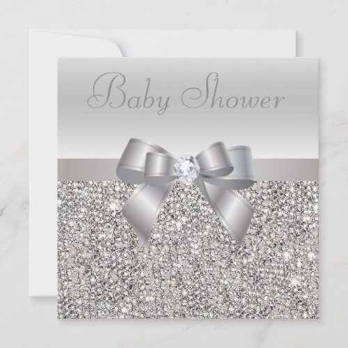 Silver Sequins Bow  Diamond Baby Shower Invitation