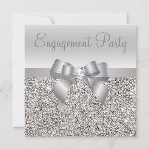 Silver Sequins Bow  Diamond Engagement Party Invitation