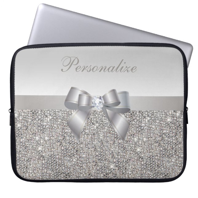 Silver Sequins, Bow & Diamond Personalized Laptop Sleeve (Front)