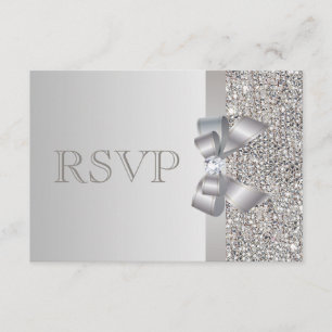 Silver Sequins, Bow & Diamond RSVP Wedding Card