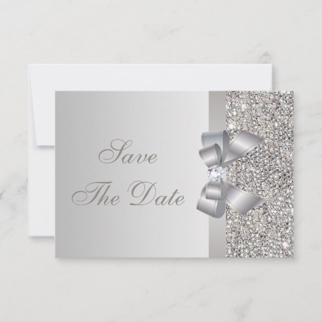 Silver Sequins, Bow & Diamond Save the Date (Front)