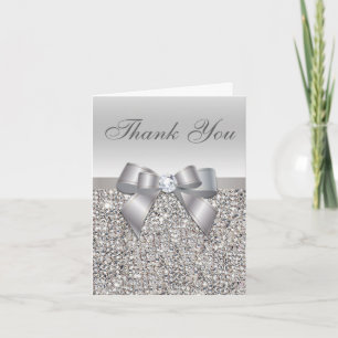 Silver Sequins, Bow & Diamond Wedding Thank You Card