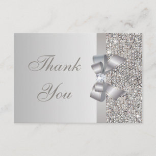 Silver Sequins, Bow & Diamond Wedding Thank You Card