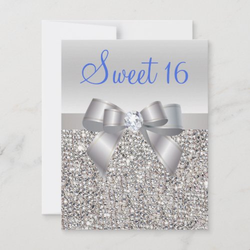 Silver Sequins  Bow Royal Blue Text Sweet 16 Invitation