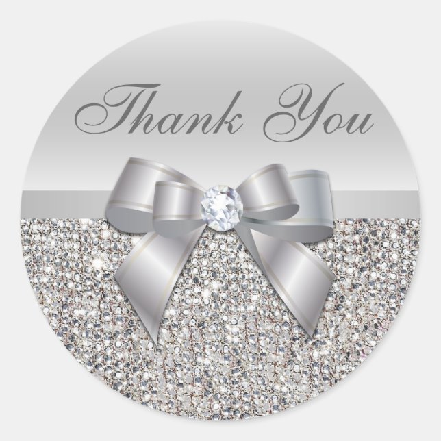 Silver Sequins Bow Thank You Stickers (Front)