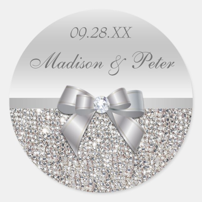 Silver Sequins Bow Wedding Favor Stickers (Front)