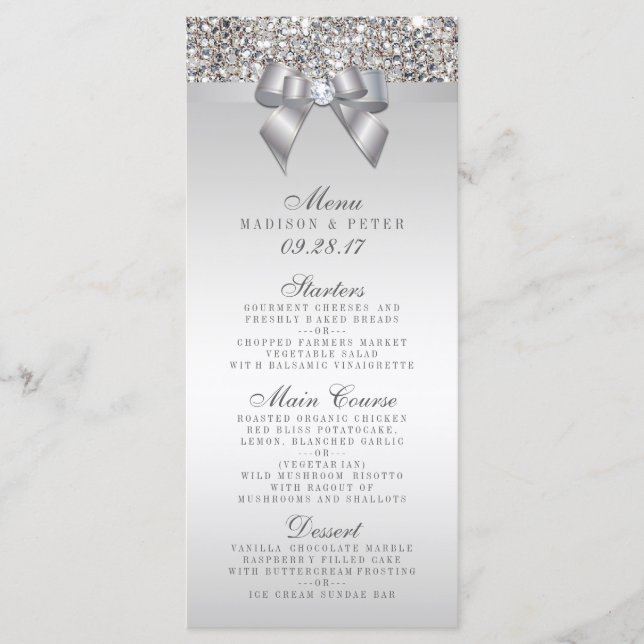 Silver Sequins Bow Wedding Menu (Front)