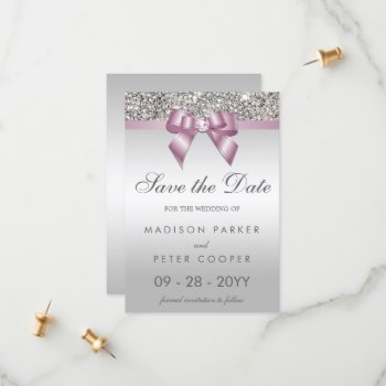 Silver Sequins Burgundy Bow Save The Date by AJ_Graphics at Zazzle