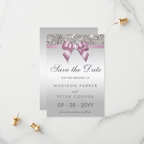 Silver Sequins Burgundy Bow Save The Date