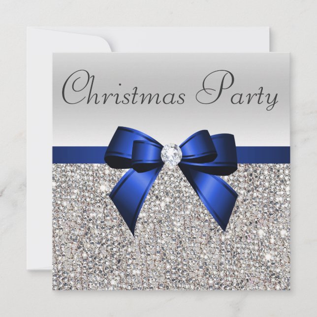 Silver Sequins Christmas Party Blue Diamond Bow Invitation (Front)