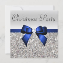 Silver Sequins Christmas Party Blue Diamond Bow Invitation