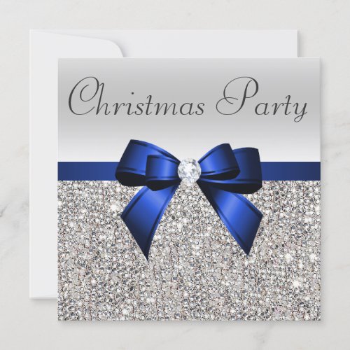 Silver Sequins Christmas Party Blue Diamond Bow Invitation