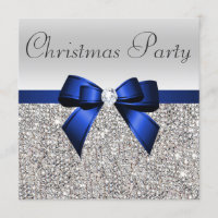 Silver Sequins Christmas Party Blue Diamond Bow Invitation