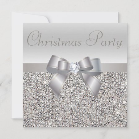 Silver Sequins Christmas Party Bow & Diamond Print Invitation