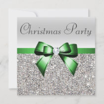 Silver Sequins Christmas Party Green Diamond Bow Invitation