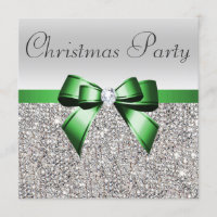 Silver Sequins Christmas Party Green Diamond Bow Invitation