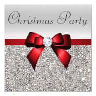 Silver Sequins Christmas Party Red Diamond Bow Card