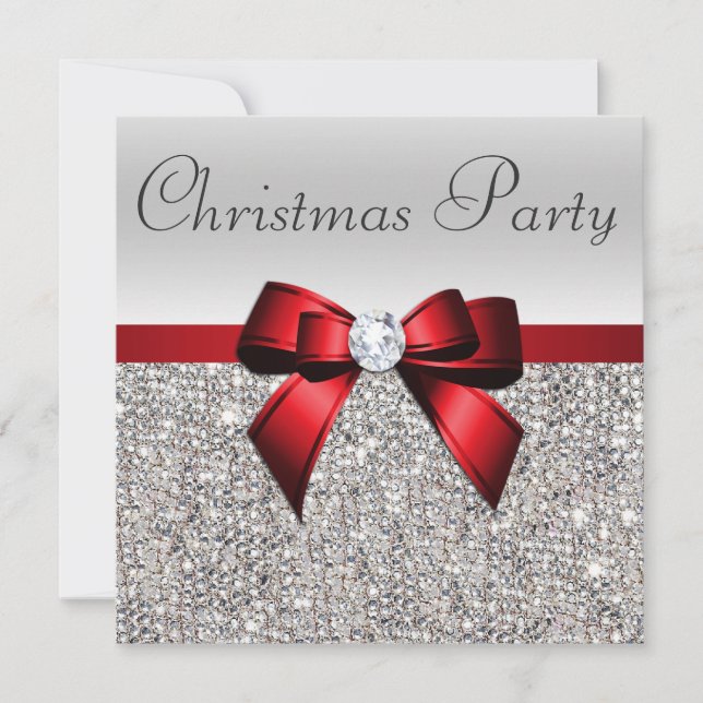 Silver Sequins Christmas Party Red Diamond Bow Invitation (Front)