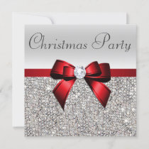 Silver Sequins Christmas Party Red Diamond Bow Invitation