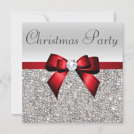 Silver Sequins Christmas Party Red Diamond Bow Invitation