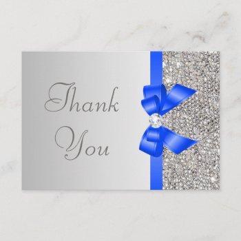 Silver Sequins Diamond Blue Bow Wedding Thank You by AJ_Graphics at Zazzle